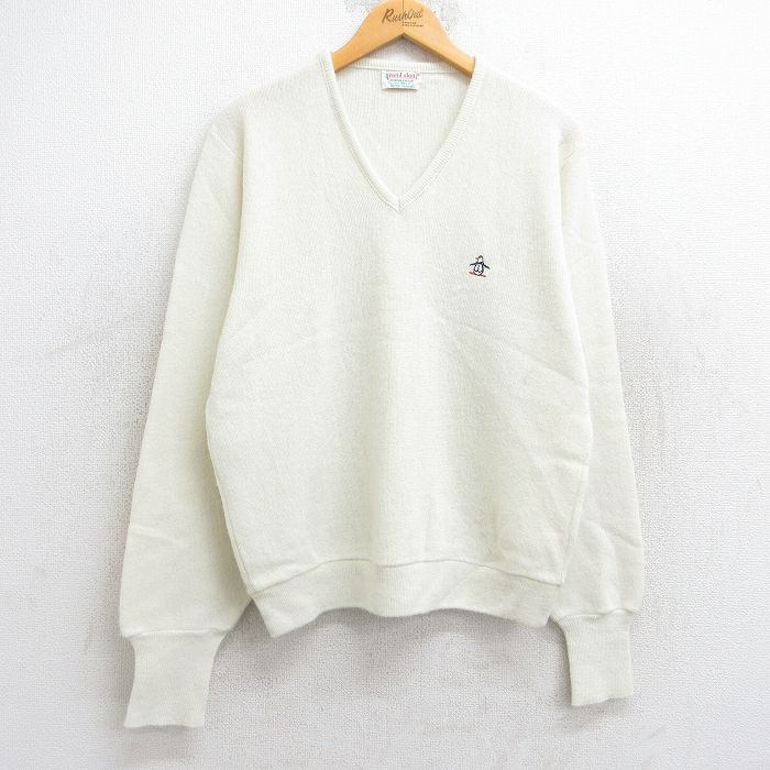 L★古着 グランドスラム マンシングウェア 長袖 セーター メンズ 80年代 80s ワンポイントロゴ アクリル Vネック USA製 白 ホワイト 25oct21 中古 ニット トップス