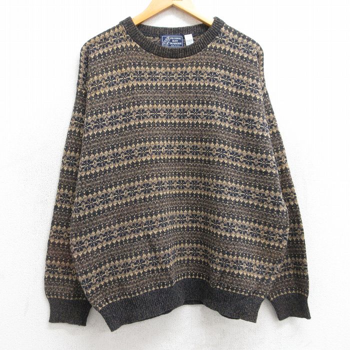 L★古着 長袖 セーター メンズ 90年代 90s 総柄 クルーネック USA製 茶他 ブラウン 【spe】 25oct21 中古 ニット トップス