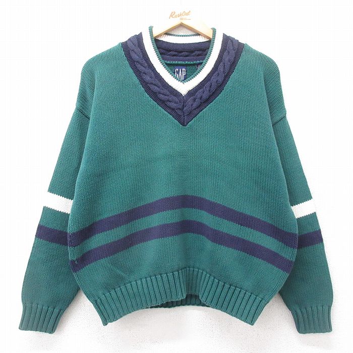 L★古着 ギャップ GAP 長袖 チルデン セーター メンズ 90年代 90s コットン Vネック 緑他 グリーン 25oct22 中古 ニット トップス