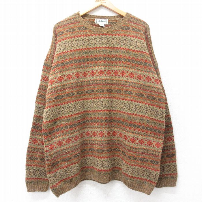 XL★古着 エルエルビーン LLBEAN 長袖 セーター メンズ 90年代 90s フェアアイル 大きいサイズ ウール クルーネック スコットランド製 茶他 ブラウン 【spe】 25oct22 中古 ニット トップス