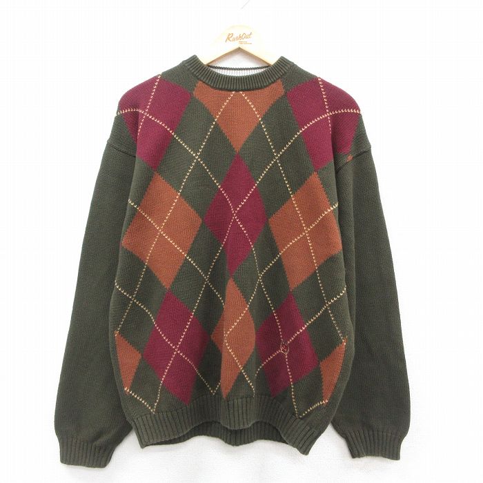 L★古着 トミーヒルフィガー TOMMY HILFIGER 長袖 ブランド セーター メンズ 90年代 90s アーガイル ワンポイントロゴ コットン クルーネック 濃緑他 グリーン 【spe】 25oct22 中古 ニット トップス