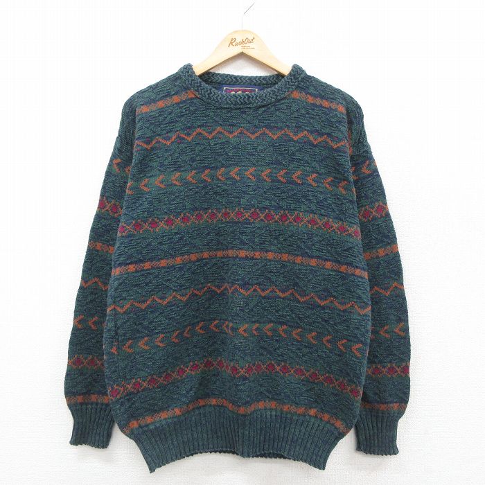 L★古着 ラルフローレン Ralph Lauren チャップス 長袖 ブランド セーター メンズ 80年代 80s コットン クルーネック USA製 緑他 グリーン 【spe】 25oct22 中古 ニット トップス