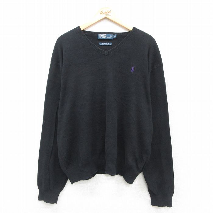 XL★古着 ラルフローレン Ralph Lauren 長袖 ブランド セーター メンズ 90年代 90s ワンポイントロゴ 大きいサイズ コットン Vネック 黒 ブラック 25oct22 中古 ニット トップス