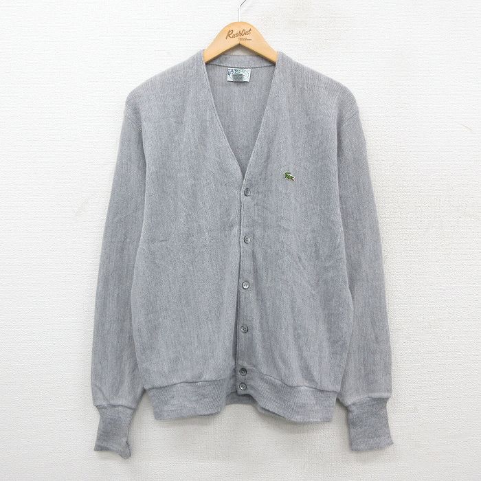 L★古着 ラコステ LACOSTE IZOD 長袖 ブランド ニット カーディガン メンズ 90年代 90s ワンポイントロゴ アクリル USA製 グレー 25oct22 中古 トップス