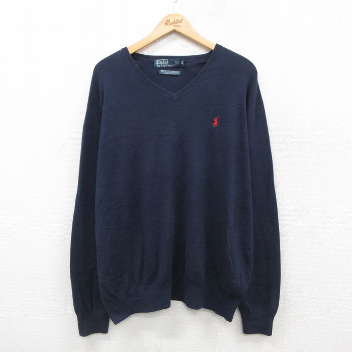 XL★古着 ラルフローレン Ralph Lauren 長袖 ブランド セーター メンズ 90年代 90s ワンポイントロゴ 大きいサイズ コットン Vネック 紺 ネイビー 【spe】 25oct22 中古 ニット トップス