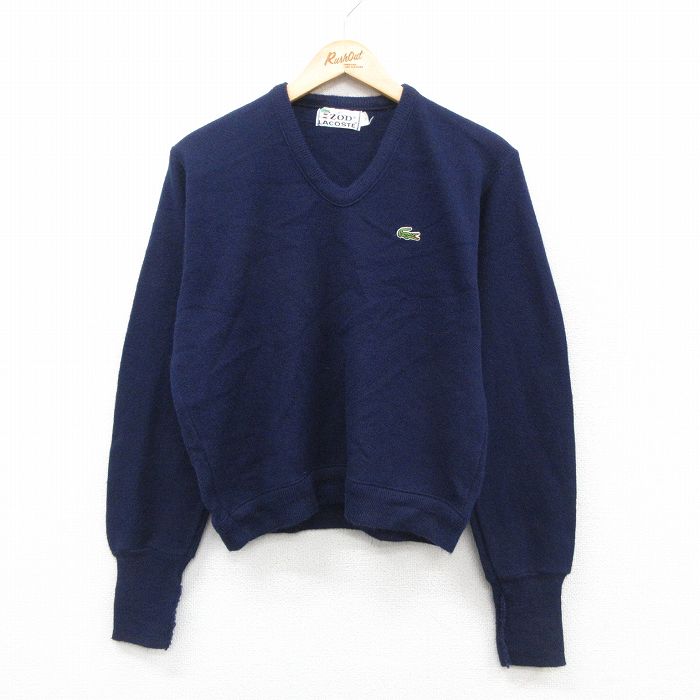 M★古着 ラコステ LACOSTE IZOD 長袖 ブランド セーター メンズ 80年代 80s ワンポイントロゴ アクリル Vネック 紺 ネイビー 25oct22 中古 ニット トップス