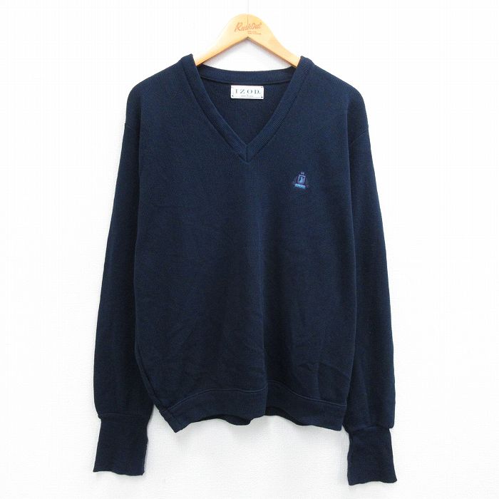 L★古着 IZOD 長袖 セーター メンズ 90年代 90s ワンポイントロゴ アクリル Vネック USA製 紺 ネイビー 25oct22 中古 ニット トップス