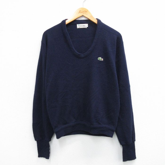 M★古着 ラコステ LACOSTE IZOD 長袖 ブランド セーター メンズ 80年代 80s ワンポイントロゴ アクリル Vネック 紺 ネイビー 25oct22 中古 ニット トップス
