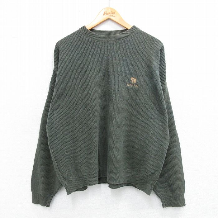 XL★古着 リー Lee 長袖 セーター メンズ 90年代 90s SATRUN 大きいサイズ コットン クルーネック USA製 濃緑 グリーン 25oct22 中古 ニット トップス