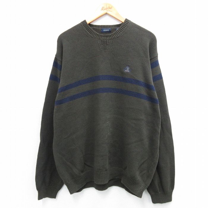 XL★古着 IZOD 長袖 セーター メンズ ワンポイントロゴ コットン クルーネック 濃緑他 グリーン 25oct22 中古 ニット トップス