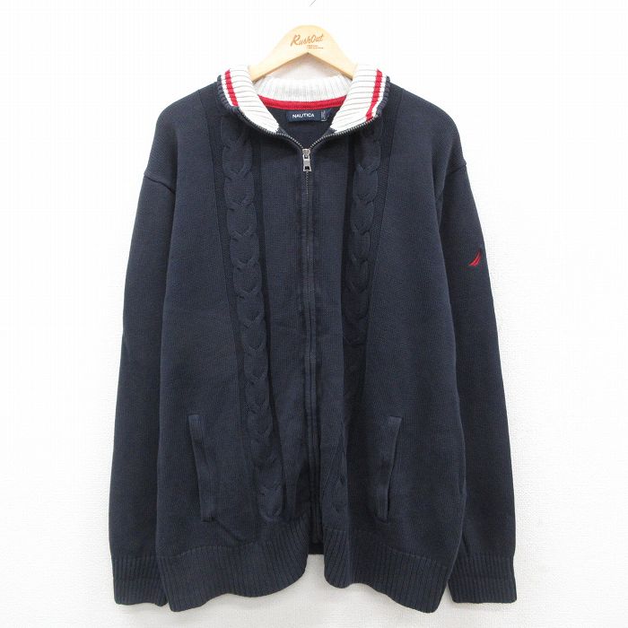 XL★古着 ノーティカ NAUTICA 長袖 ブランド ケーブル フルジップ ニット カーディガン メンズ 大きいサイズ コットン 濃紺 ネイビー 25oct23 中古 トップス
