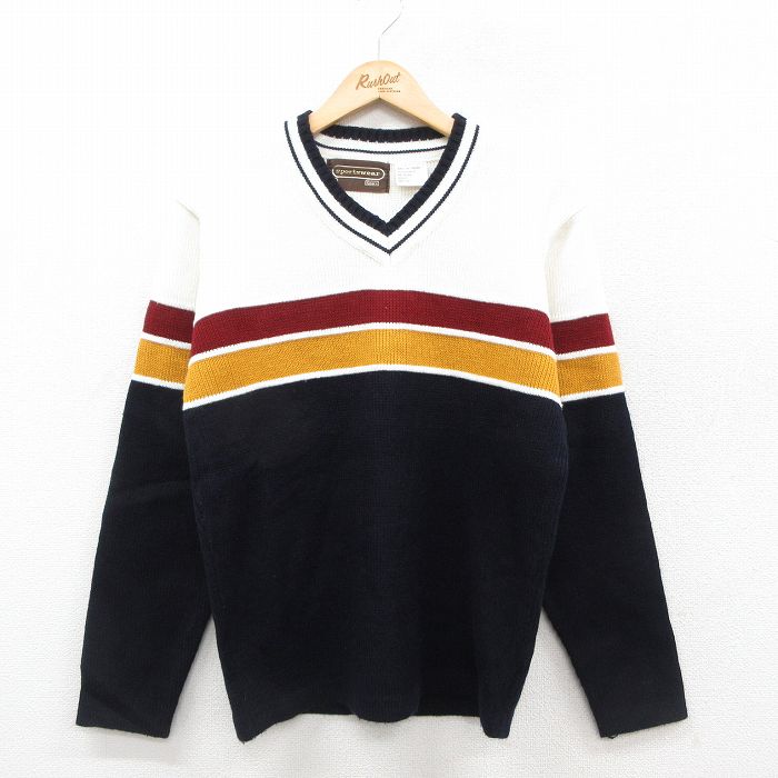 M★古着 シアーズ 長袖 セーター メンズ 80年代 80s アクリル Vネック 濃紺他 ネイビー 25oct23 中古 ニット トップス