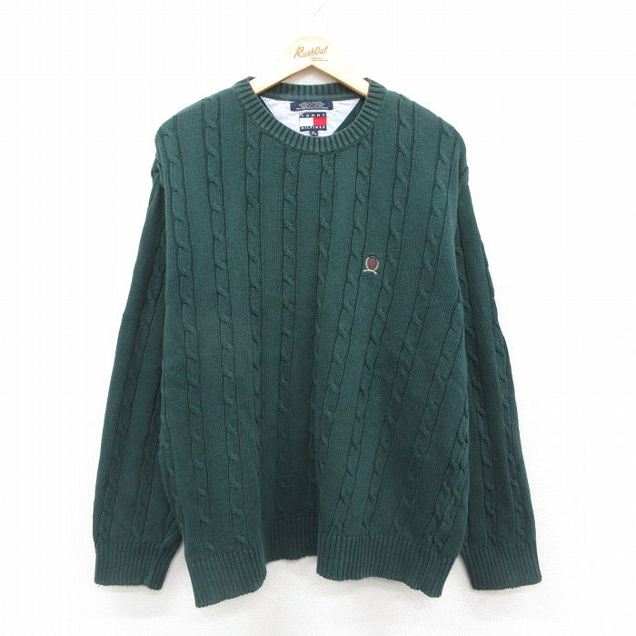XL★古着 トミーヒルフィガー TOMMY HILFIGER 長袖 ブランド ケーブル セーター メンズ 90年代 90s ワンポイントロゴ コットン クルーネック 緑 グリーン 【spe】 25oct23 中古 ニット トップス