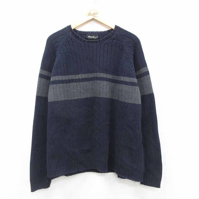 XL★古着 エディーバウアー 長袖 セーター メンズ 00年代 00s ラグラン 大きいサイズ コットン Vネック 紺他 ネイビー 【spe】 25oct23 中古 ニット トップス