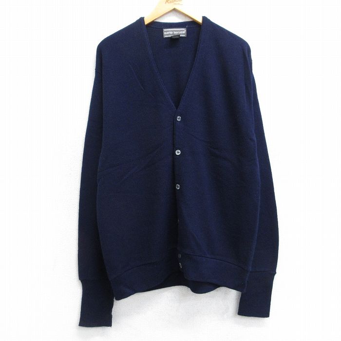 L★古着 長袖 ニット カーディガン メンズ 90年代 90s 無地 アクリル USA製 紺 ネイビー 25oct24 中古 トップス