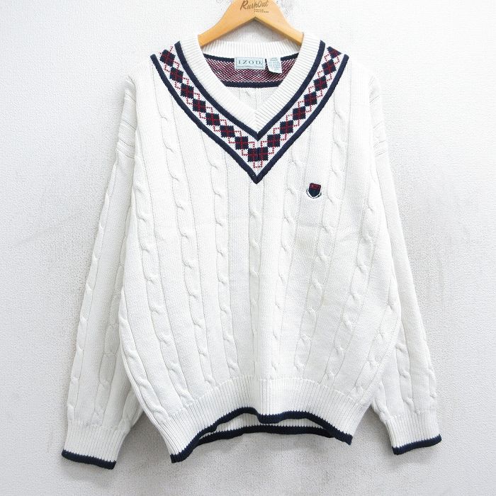 L★古着 IZOD 長袖 ケーブル チルデン セーター メンズ 90年代 90s ワンポイントロゴ コットン Vネック 白 ホワイト 25oct24 中古 ニット トップス