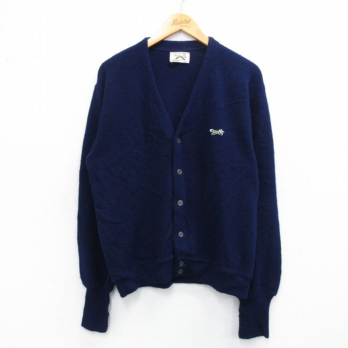 M★古着 JCペニー ザフォックス THE FOX 長袖 ニット カーディガン メンズ 80年代 80s ワンポイントロゴ アクリル USA製 紺 ネイビー 【spe】 25oct24 中古 トップス
