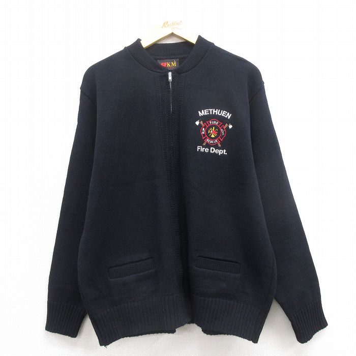 L★古着 長袖 ニット カーディガン メンズ 80年代 80s 消防署 アクリル USA製 黒 ブラック 25oct25 中古 トップス