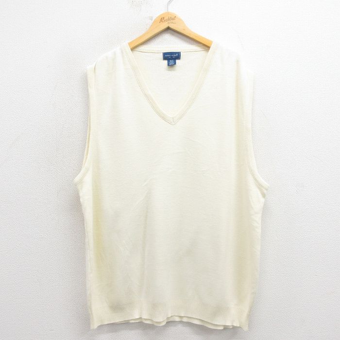 XL★古着 タウンクラフト ニット ベスト メンズ 90年代 90s 大きいサイズ アクリル Vネック USA製 白 ホワイト 25oct25 中古 トップス