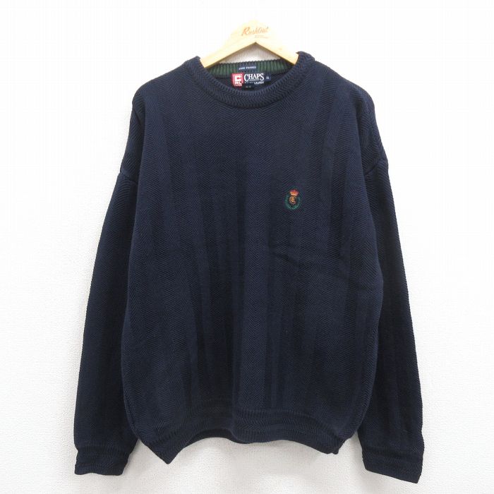 XL★古着 ラルフローレン Ralph Lauren チャップス 長袖 ブランド セーター メンズ 90年代 90s ワンポイントロゴ 手織り コットン クルーネック 紺 ネイビー 【spe】 25oct25 中古 ニット トップス