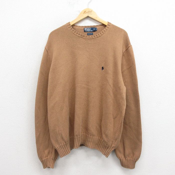 XL★古着 ラルフローレン Ralph Lauren 長袖 ブランド セーター メンズ 90年代 90s ワンポイントロゴ コットン クルーネック 茶 ブラウン 【spe】 25oct25 中古 ニット トップス