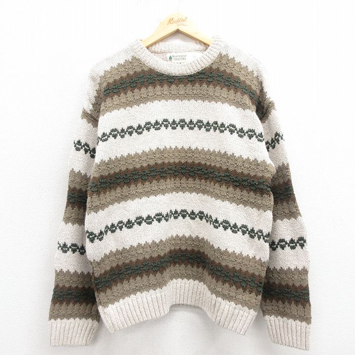 M★古着 長袖 セーター メンズ 90年代 90s コットン クルーネック USA製 生成り 25oct25 中古 ニット トップス