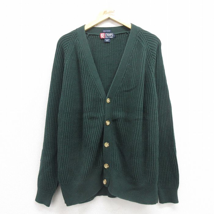 XL★古着 ラルフローレン Ralph Lauren チャップス 長袖 ブランド ニット カーディガン メンズ 90年代 90s 手織り コットン ラグラン 緑 グリーン 【spe】 25oct25 中古 トップス