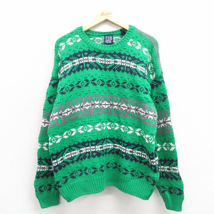 L★古着 ギャップ GAP 長袖 セーター 90年代 90s コットン 緑他 グリーン 【spe】 25oct25 中古 メンズ ニット トップス