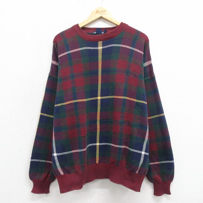 XL★古着 ノーティカ NAUTICA 長袖 ブランド セーター 90年代 90s コットン クルーネック エンジ 25oct25 中古 メンズ ニット トップス