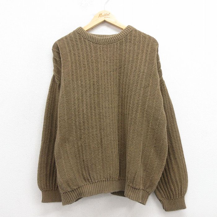 XL★古着 長袖 セーター メンズ 90年代 90s 無地 大きいサイズ コットン クルーネック USA製 こげ茶 ブラウン 25oct28 中古 ニット トップス