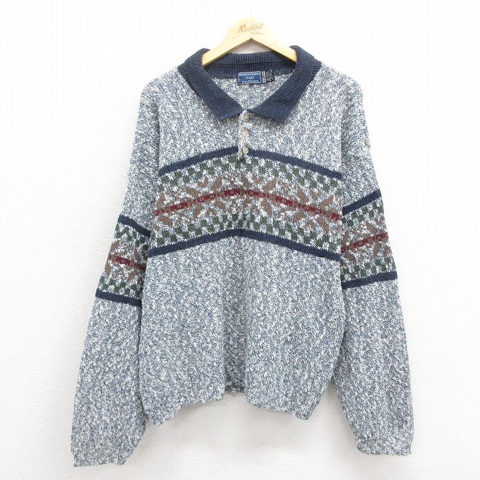 L★古着 長袖 セーター メンズ 90年代 90s 襟付き コットン USA製 紺他 ネイビー 25oct28 中古 ニット トップス