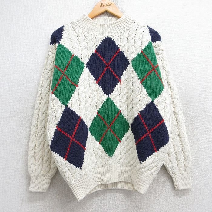 M★古着 ギャップ GAP 長袖 ケーブル セーター メンズ 90年代 90s アーガイル コットン モックネック ハイネック 白 ホワイト 【spe】 25oct28 中古 ニット トップス