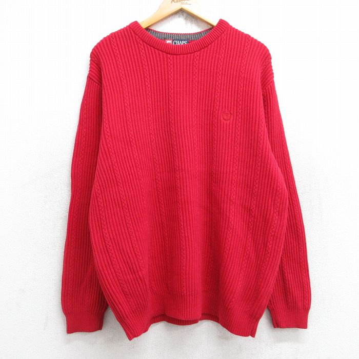 L★古着 ラルフローレン Ralph Lauren チャップス 長袖 ブランド セーター メンズ 90年代 90s ワンポイントロゴ コットン クルーネック 赤 レッド 25oct28 中古 ニット トップス