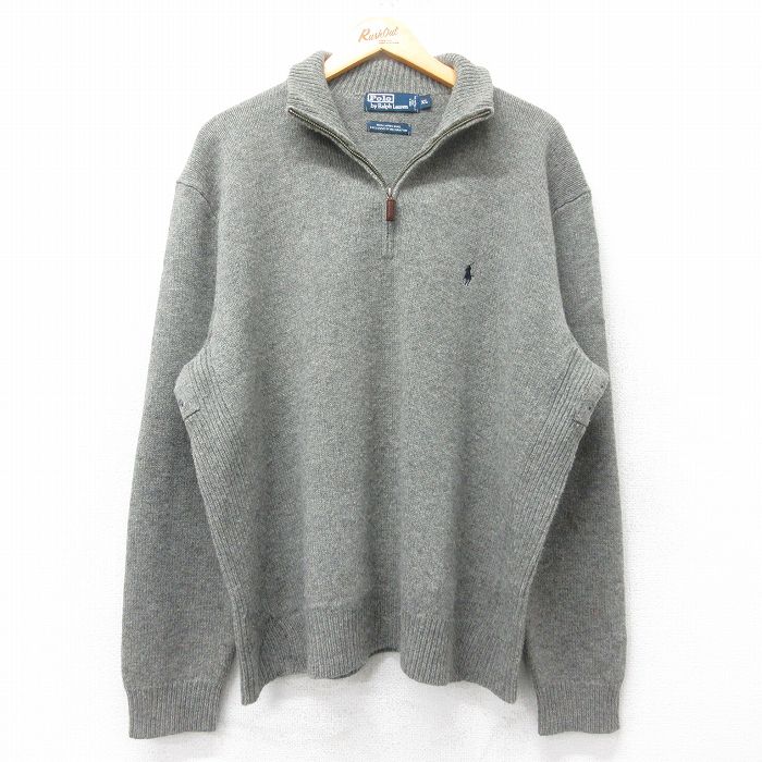 XL★古着 ラルフローレン Ralph Lauren 長袖 ブランド ハーフジップ セーター メンズ 90年代 90s ワンポイントロゴ 大きいサイズ ラムウール グレー 25oct28 中古 ニット トップス