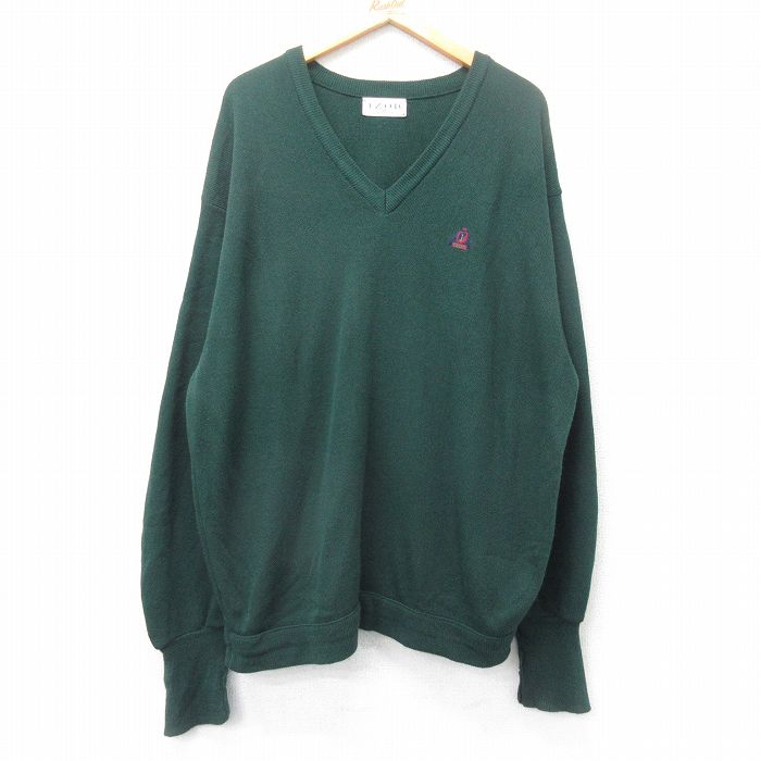 XL★古着 IZOD 長袖 セーター メンズ 90年代 90s ワンポイントロゴ 大きいサイズ アクリル Vネック USA製 緑 グリーン 25oct28 中古 ニット トップス