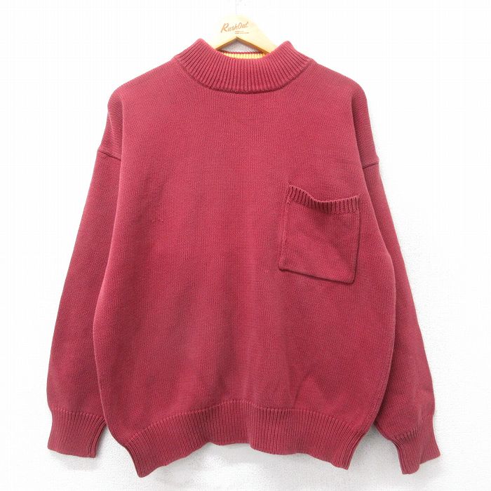 L★古着 ギャップ GAP 長袖 セーター メンズ 90年代 90s 胸ポケット付き コットン モックネック ハイネック エンジ 25oct28 中古 ニット トップス