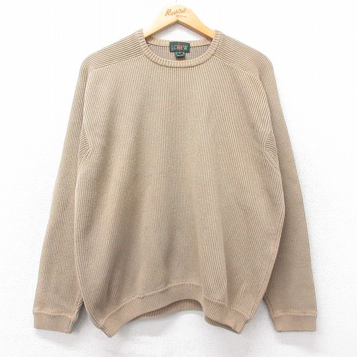 L★古着 ジェイクルー J.CREW 長袖 セーター メンズ 90年代 90s コットン クルーネック 濃ベージュ カーキ 25oct28 中古 ニット トップス