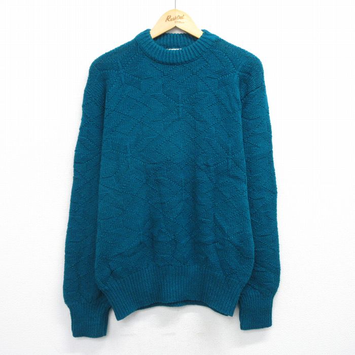 L★古着 長袖 セーター メンズ 90年代 90s ネイティブ柄 ラグ柄 アクリル クルーネック USA製 青緑系 25oct27 中古 ニット トップス