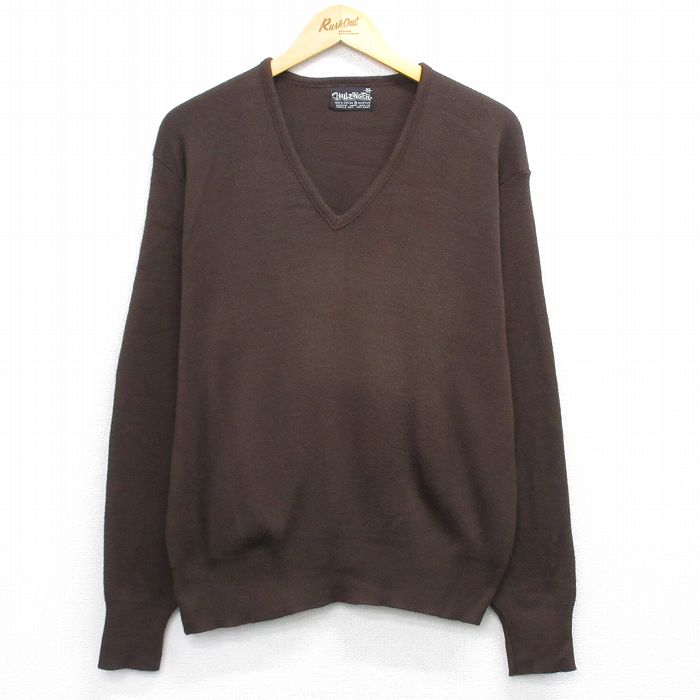 L★古着 長袖 セーター メンズ 80年代 80s 無地 アクリル Vネック 茶 ブラウン 25oct27 中古 ニット トップス
