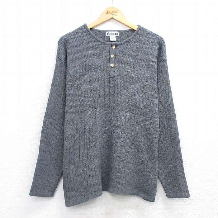 L★古着 エアロポステール AEROPOSTALE 長袖 セーター メンズ 00年代 00s 無地 コットン ヘンリーネック グレー 25oct27 中古 ニット トップス
