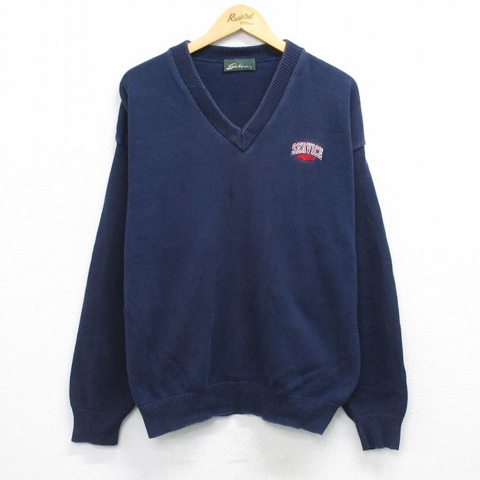 XL★古着 長袖 セーター メンズ 90年代 90s サービス コットン Vネック USA製 紺 ネイビー 25oct27 中古 ニット トップス
