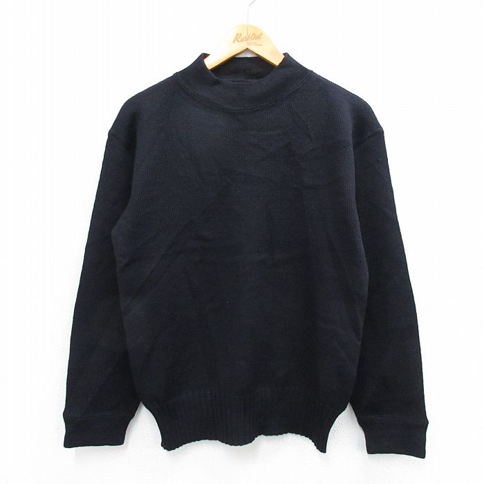 M★古着 長袖 セーター メンズ ミリタリー ステンシル ウール モックネック ハイネック 濃紺 ネイビー 25oct29 中古 ニット トップス