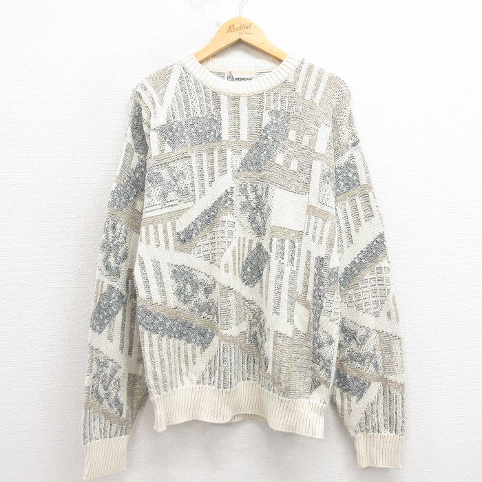 L★古着 ロンドンフォグ 長袖 セーター メンズ 90年代 90s 総柄 USA製 生成り 25oct29 中古 ニット トップス