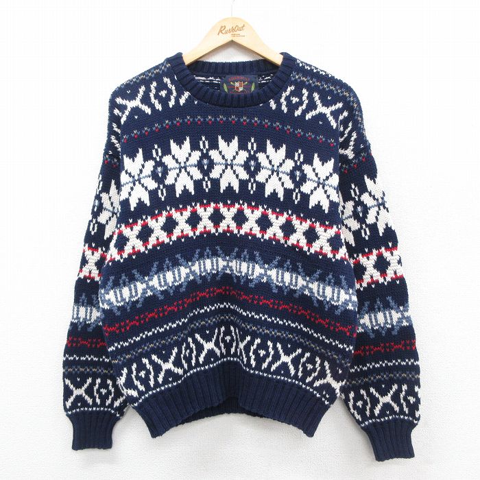 M★古着 長袖 ノルディック セーター メンズ 80年代 80s 雪柄 フェアアイル コットン クルーネック USA製 紺他 ネイビー 【spe】 25oct30 中古 ニット トップス