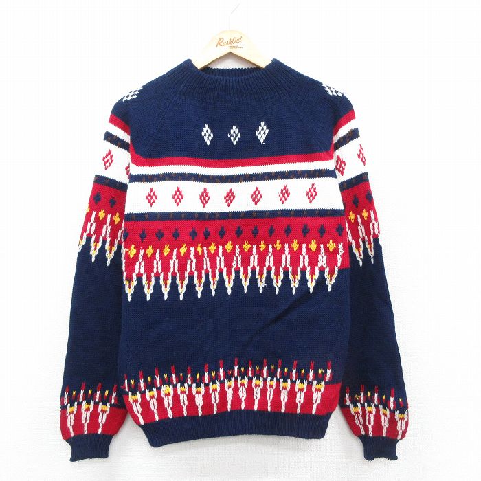 M★古着 長袖 セーター メンズ 80年代 80s ラグラン アクリル モックネック ハイネック 紺他 ネイビー 25oct30 中古 ニット トップス