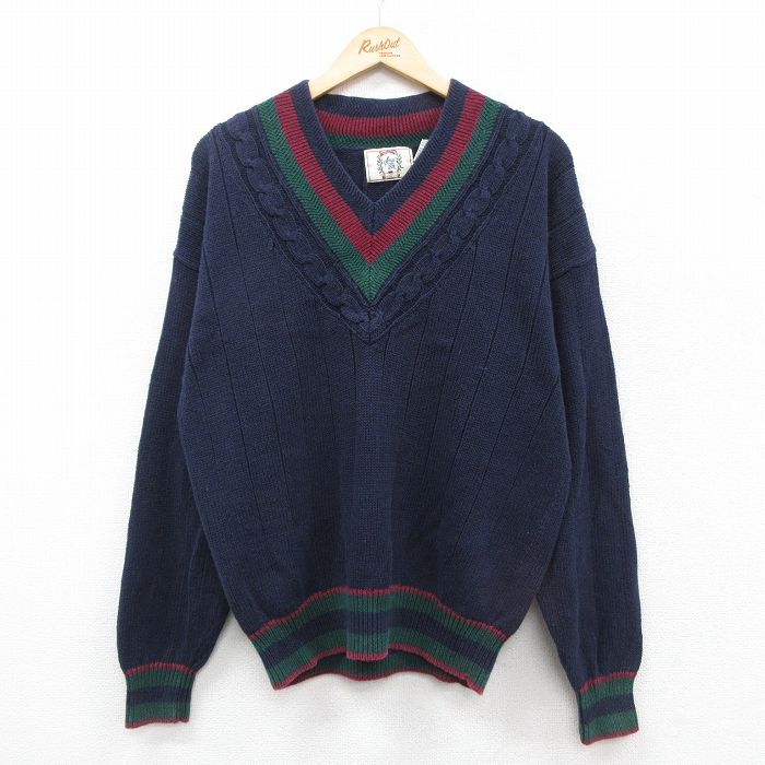 L★古着 シアーズ 長袖 チルデン セーター メンズ 90年代 90s Vネック 紺他 ネイビー 25oct30 中古 ニット トップス