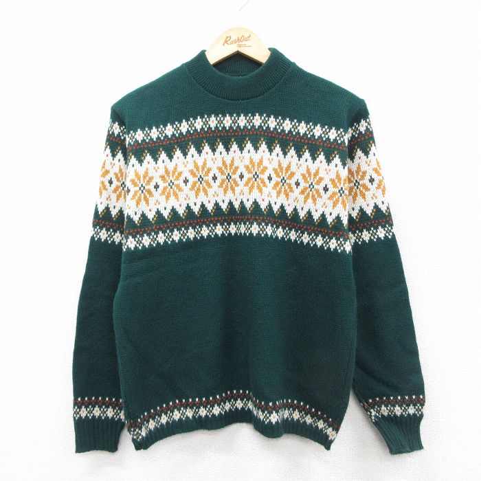 S★古着 長袖 ノルディック セーター メンズ 90年代 90s 雪柄 クルーネック 緑他 グリーン 25oct30 中古 ニット トップス