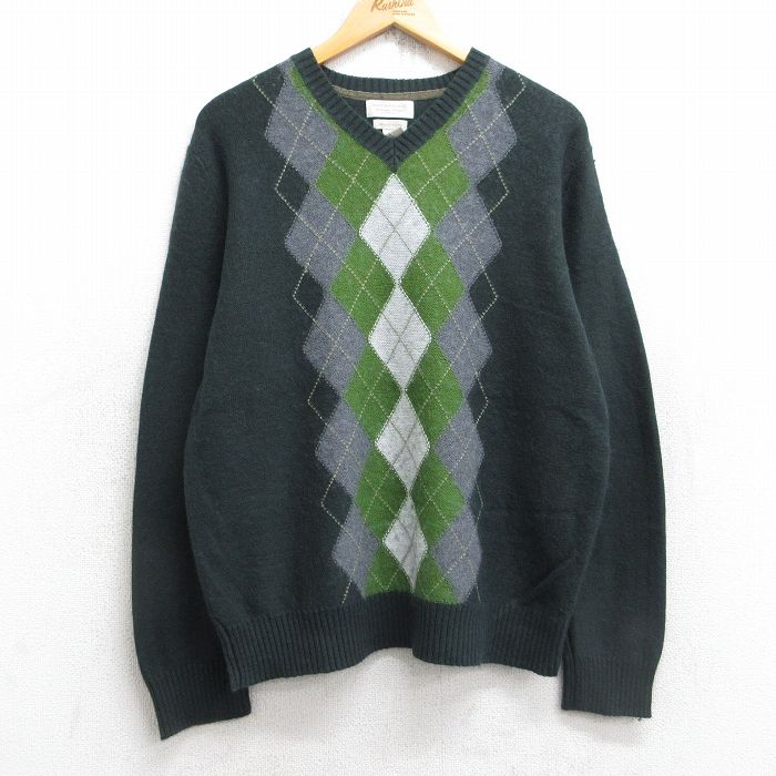 M★古着 バナナリパブリック BANANA REPUBLIC 長袖 ブランド セーター メンズ アーガイル Vネック 濃緑他 グリーン 25nov01 中古 ニット トップス