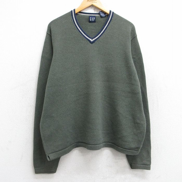 XL★古着 ギャップ GAP 長袖 セーター メンズ 00年代 00s 無地 コットン　Vネック 濃緑 グリーン 25nov01 中古 ニット トップス