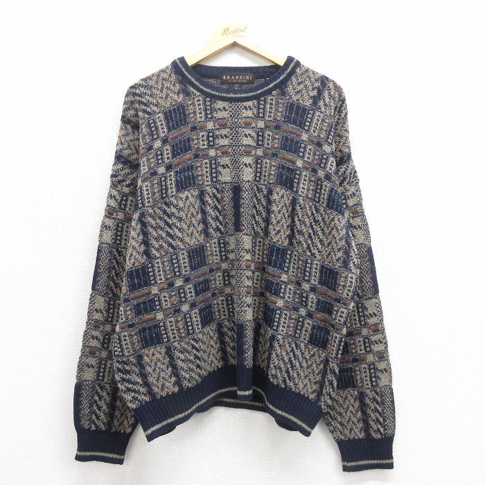 XL★古着 長袖 セーター メンズ 90年代 90s クルーネック イタリア製 紺他 ネイビー 25nov01 中古 ニット トップス